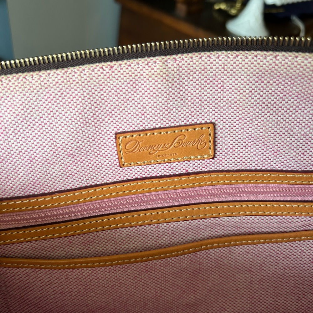 EUC Dooney & Bourke Smooth Leather Tobi Tote - Beige & Tan w/ Fuchsia Interior - Picture 14 of 16